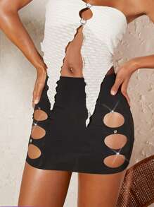 SHEIN VCAY 水鑽鏤空包臀半身裙 - 黑色 - 查看 1