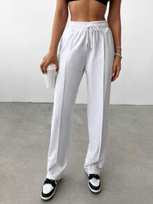 EURMUSE Solid Drawstring Waist Joggers - White - View 1
