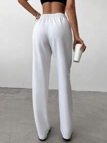 EURMUSE Solid Drawstring Waist Joggers - White - View 2