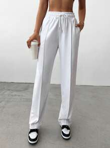EURMUSE Solid Drawstring Waist Joggers - White - View 3