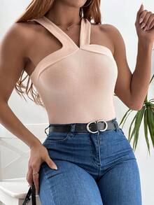 Cottnline Chất rắn Đồ đan Ribbed Áo hai dây - Màu Hồng baby - Xem 3