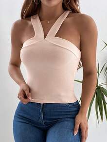 Cottnline Chất rắn Đồ đan Ribbed Áo hai dây - Màu Hồng baby - Xem 4