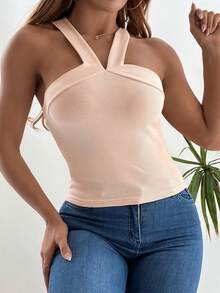 Cottnline Chất rắn Đồ đan Ribbed Áo hai dây - Màu Hồng baby - Xem 5