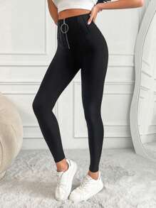 RueChic O-ring Zipper Front Skinny Trousers - Black - View 1