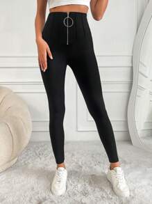 RueChic O-ring Zipper Front Skinny Trousers - Black - View 3
