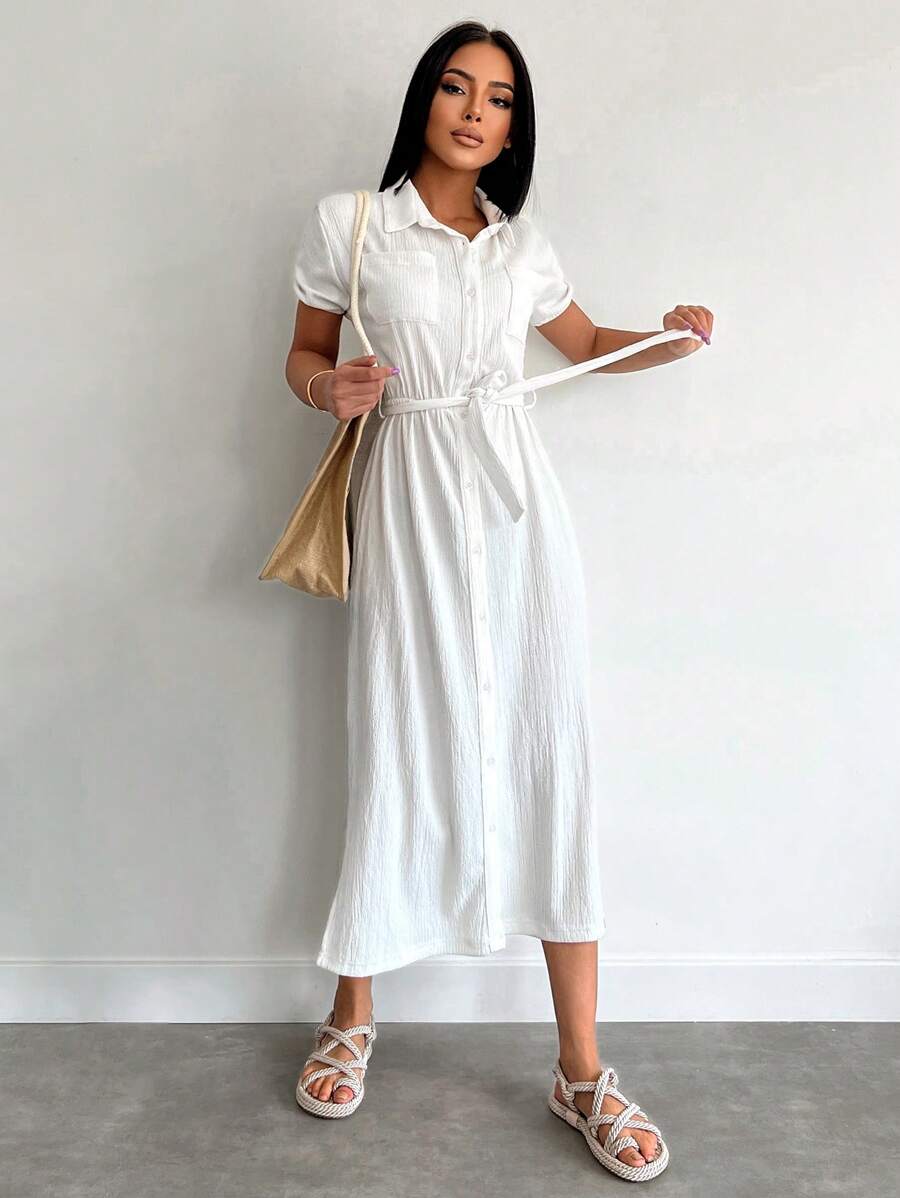 EURMUSE Solid Belted Shirt Dress - White - View 1
