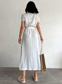 EURMUSE Solid Belted Shirt Dress - White - View 2