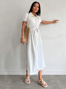 EURMUSE Solid Belted Shirt Dress - White - View 5