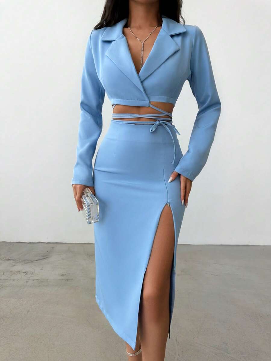 EURMUSE 西裝領短版西裝&高衩半身裙 - 藍色 - 查看 1