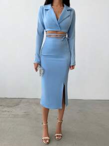 EURMUSE 西裝領短版西裝&高衩半身裙 - 藍色 - 查看 3