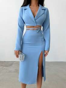EURMUSE 西裝領短版西裝&高衩半身裙 - 藍色 - 查看 4