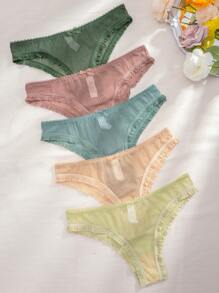 5pack Lace Trim Bow Front Mesh Panty Lingerie - Multicolor - View 1