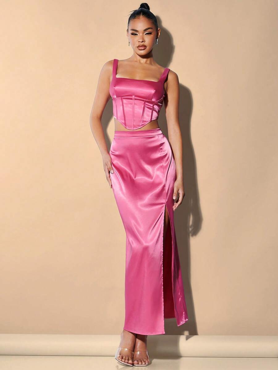 SHEIN Belle Solid Satin Tank Top & Split Thigh Skirt - Hot Pink - View 1
