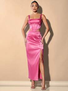 SHEIN Belle Solid Satin Tank Top & Split Thigh Skirt - Hot Pink - View 3