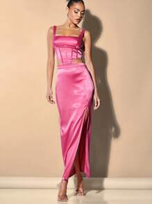 SHEIN Belle Solid Satin Tank Top & Split Thigh Skirt - Hot Pink - View 4