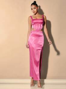 SHEIN Belle Solid Satin Tank Top & Split Thigh Skirt - Hot Pink - View 5