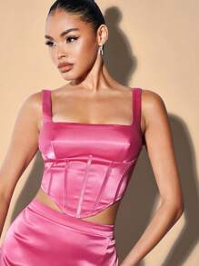 SHEIN Belle Solid Satin Tank Top & Split Thigh Skirt - Hot Pink - View 6