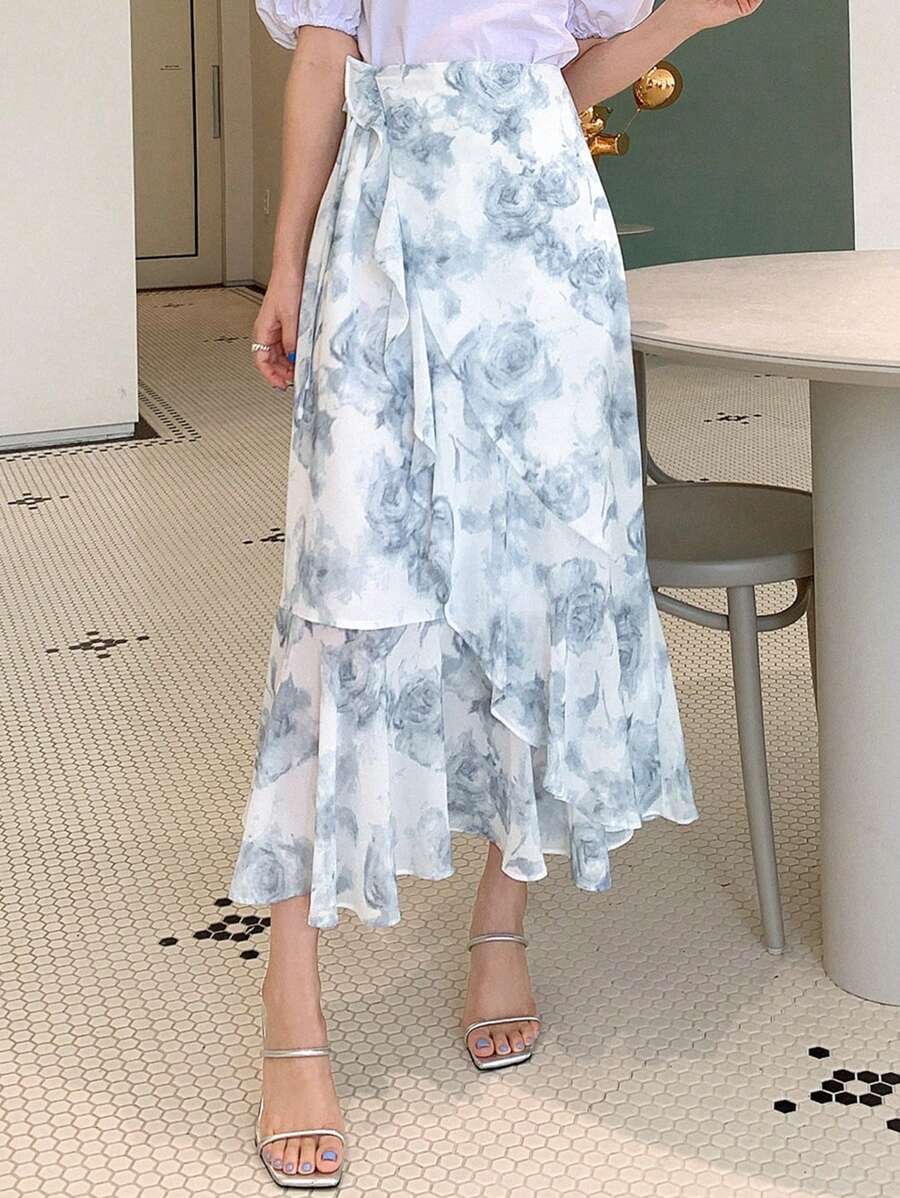 DAZY 印花荷葉邊半身裙 - 藍白色 - 查看 1