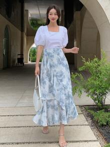 DAZY 印花荷葉邊半身裙 - 藍白色 - 查看 2