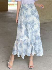 DAZY 印花荷葉邊半身裙 - 藍白色 - 查看 4