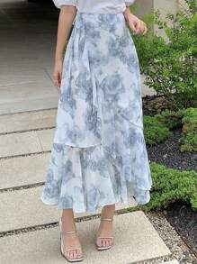 DAZY 印花荷葉邊半身裙 - 藍白色 - 查看 5