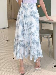 DAZY 印花荷葉邊半身裙 - 藍白色 - 查看 6