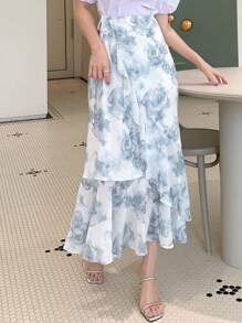 DAZY 印花荷葉邊半身裙 - 藍白色 - 查看 7