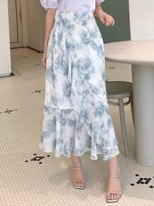 DAZY 印花荷葉邊半身裙 - 藍白色 - 查看 8