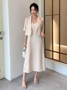 DAZY 素色吊帶洋裝&西裝領襯衫 - 杏色 - 查看 1