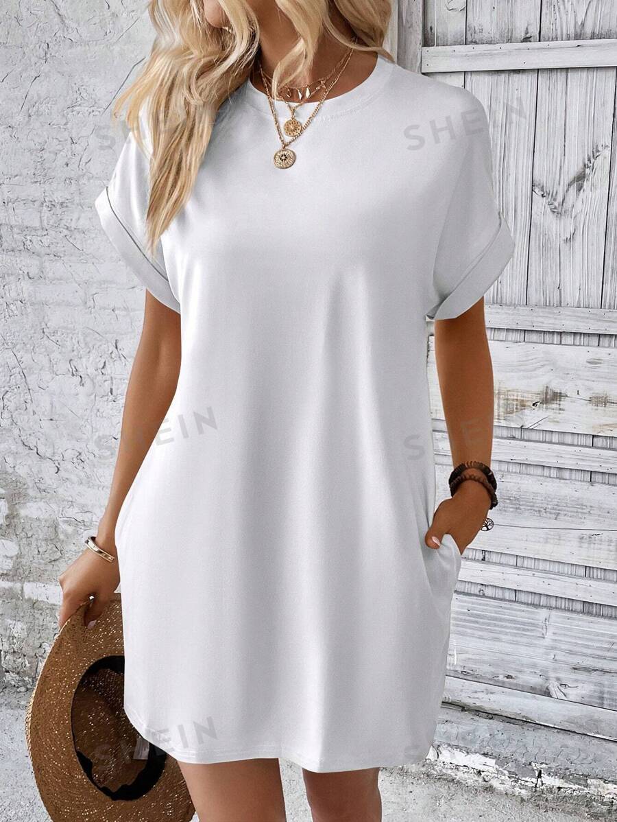 INAWLY Vestido estilo camiseta unicolor con bolsillo oculto de manga murciélago - Blanco - Ver 1