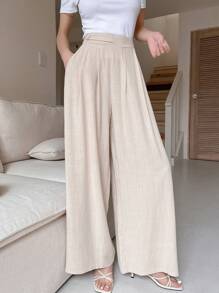 DAZY 女士休闲阔腿纯色裤，教师裤 - 杏色 - 查看 1
