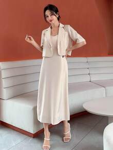 DAZY 素色吊帶洋裝&西裝領襯衫 - 杏色 - 查看 5