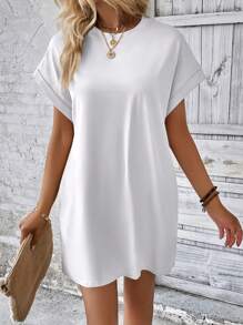 INAWLY Solid Hidden Pocket Batwing Sleeve Tee Dress - White - View 4