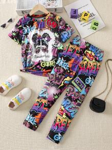 SHEIN 女大童字母人物圖案T恤和緊身褲 - 彩色 - 查看 1