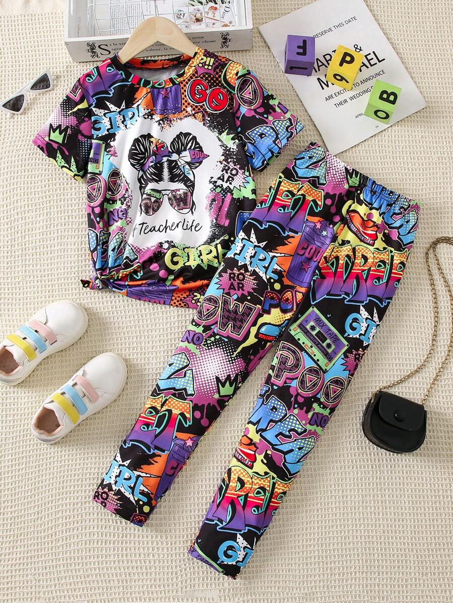 SHEIN 女大童字母人物圖案T恤和緊身褲 - 彩色 - 查看 1