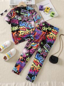 SHEIN 女大童字母人物圖案T恤和緊身褲 - 彩色 - 查看 2