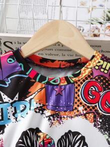 SHEIN 女大童字母人物圖案T恤和緊身褲 - 彩色 - 查看 3