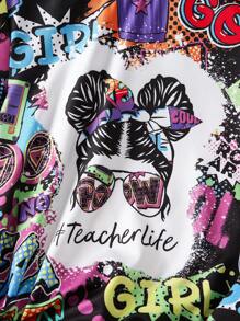 SHEIN 女大童字母人物圖案T恤和緊身褲 - 彩色 - 查看 4