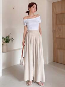 DAZY 女士休闲阔腿纯色裤，教师裤 - 杏色 - 查看 9