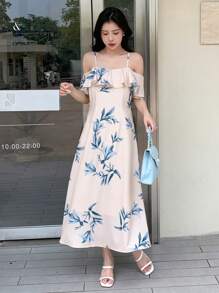 DAZY Floral Print Cold Shoulder Ruffle Trim Dress Sundress - Beige - View 5