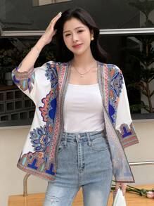 DAZY Graphic Print Open Front Blouse Boho Vacation Outfits Women - Blue - View 7