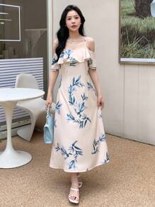 DAZY Floral Print Cold Shoulder Ruffle Trim Dress Sundress - Beige - View 7