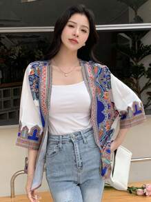 DAZY Graphic Print Open Front Blouse Boho Vacation Outfits Women - Blue - View 3