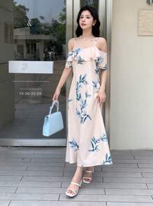 DAZY Floral Print Cold Shoulder Ruffle Trim Dress Sundress - Beige - View 6