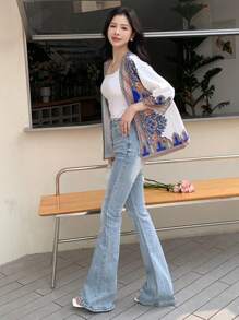 DAZY Graphic Print Open Front Blouse Boho Vacation Outfits Women - Blue - View 4