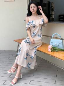 DAZY Floral Print Cold Shoulder Ruffle Trim Dress Sundress - Beige - View 4