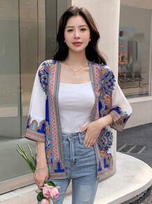 DAZY Graphic Print Open Front Blouse Boho Vacation Outfits Women - Blue - View 5