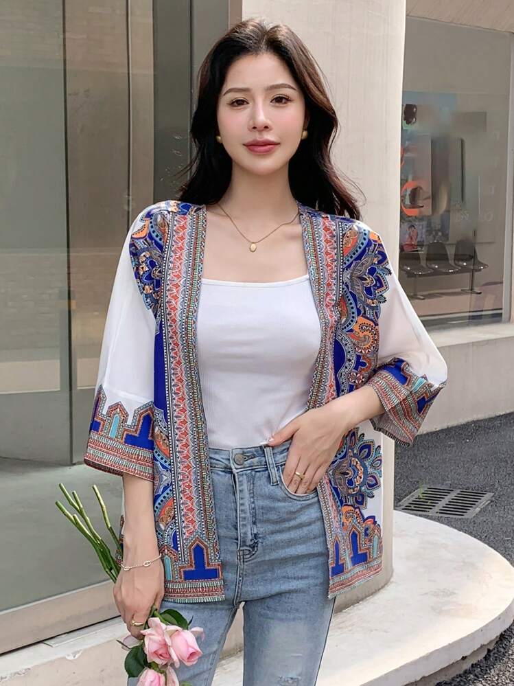 DAZY Blusa con estampado gráfico y abertura frontal, conjunto de vacaciones estilo bohemio para mujer - Azul - Añade 5