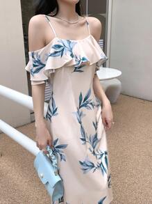 DAZY Floral Print Cold Shoulder Ruffle Trim Dress Sundress - Beige - View 1