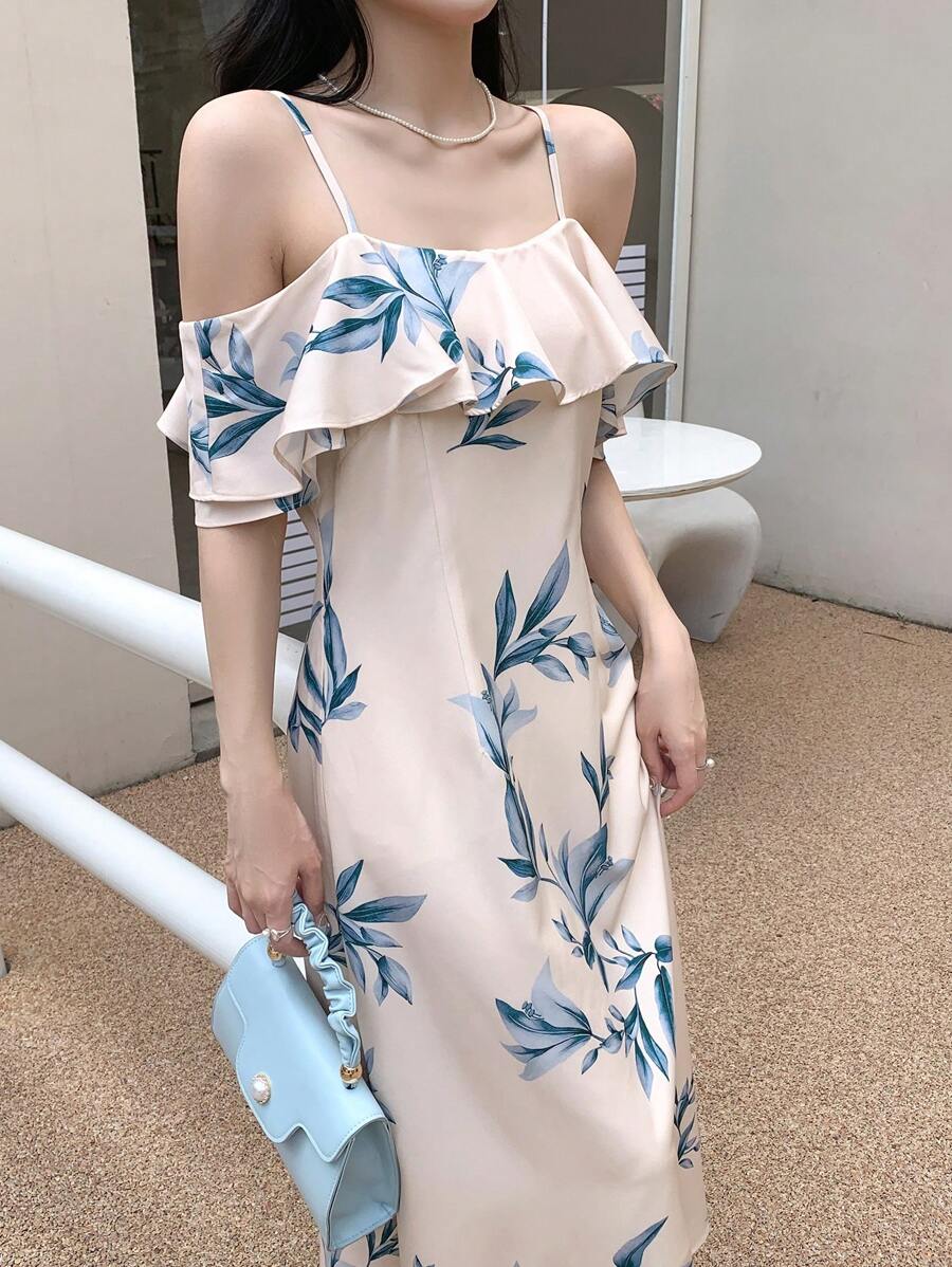 DAZY Floral Print Cold Shoulder Ruffle Trim Dress Sundress - Beige - View 1